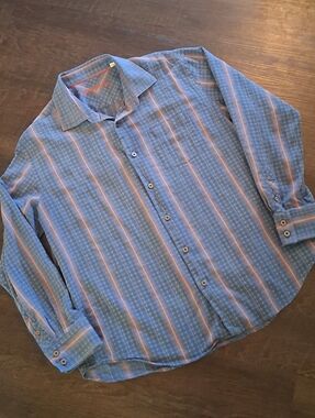 Tommy Bahama Blue Button-Up Shirt with Coral Stripes